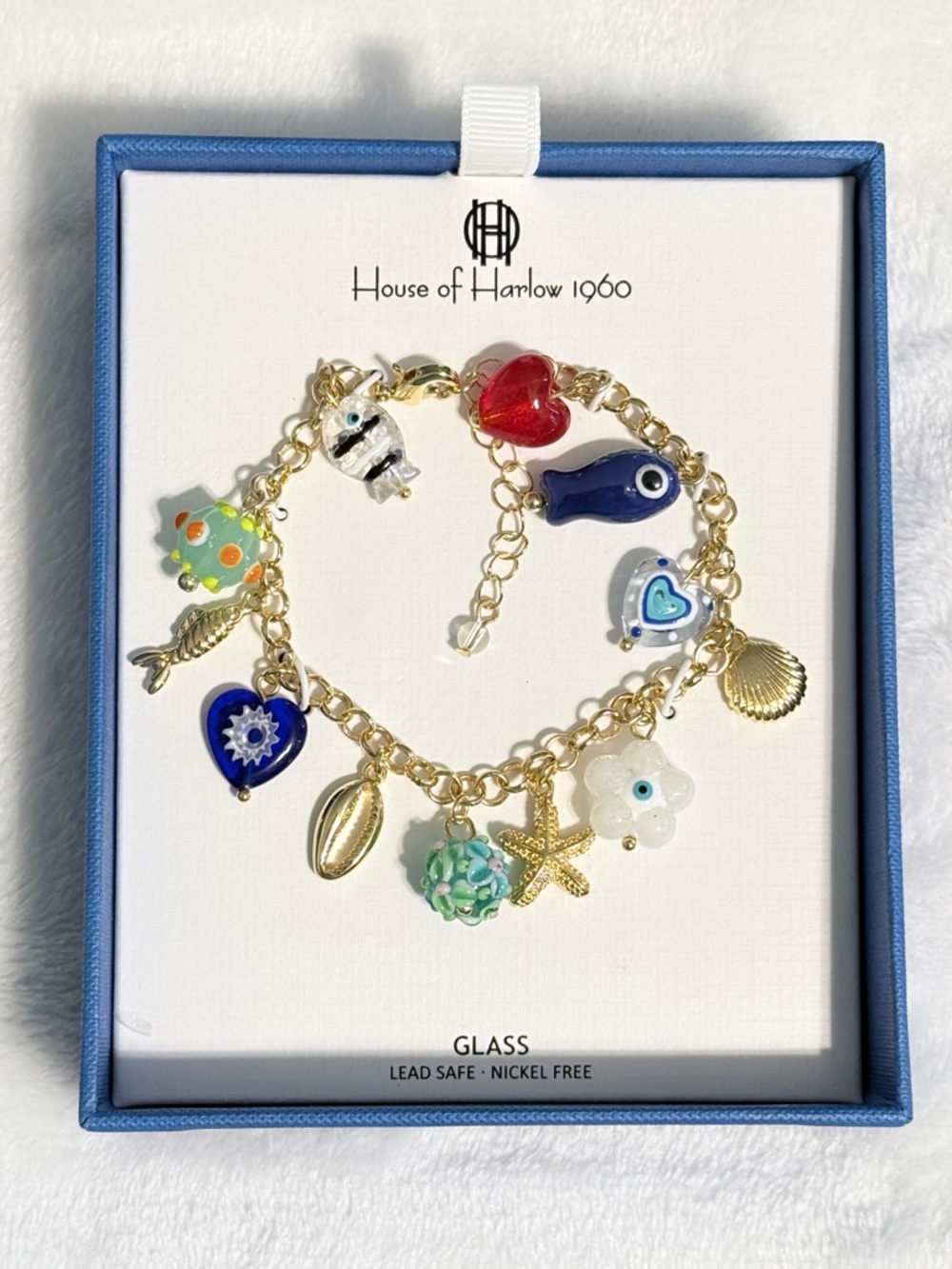 House of Harlow 1960 Gold Glass Charm Bracelet with Multicolor Beach Charms